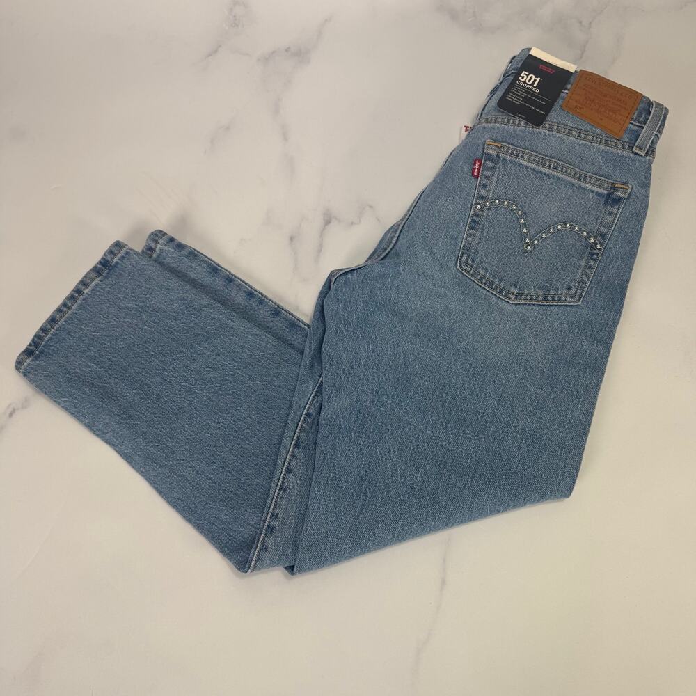 Levi’s Premium 501 Cropped Jeans Size 28 x 26 Medium Wash – Rare Studded Design
